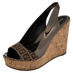 Pre Owned Fendi Metallic/Brown Zucchino Canvas and Patent Leather Cork Wedge Sandals Size 39