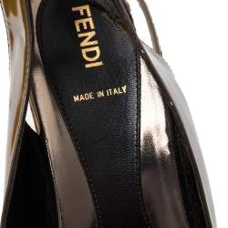 Pre Owned Fendi Metallic/Brown Zucchino Canvas and Patent Leather Cork Wedge Sandals Size 39