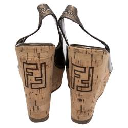 Pre Owned Fendi Metallic/Brown Zucchino Canvas and Patent Leather Cork Wedge Sandals Size 39