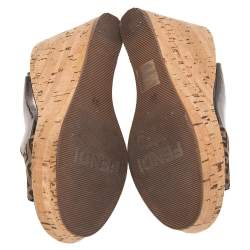 Pre Owned Fendi Metallic/Brown Zucchino Canvas and Patent Leather Cork Wedge Sandals Size 39