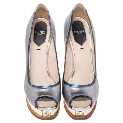 Pre Owned Fendi Silver Leather Fendista Peep Toe Platform Pumps Size 37