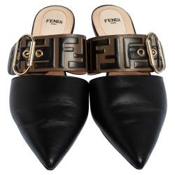 Pre Owned Fendi Black/Tobacco Zucca Leather Signature Flat Mule Sandals Size 40