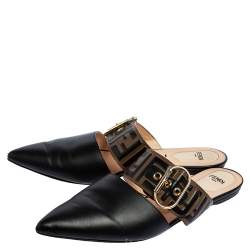 Pre Owned Fendi Black/Tobacco Zucca Leather Signature Flat Mule Sandals Size 40