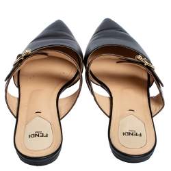 Pre Owned Fendi Black/Tobacco Zucca Leather Signature Flat Mule Sandals Size 40