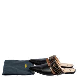 Pre Owned Fendi Black/Tobacco Zucca Leather Signature Flat Mule Sandals Size 40