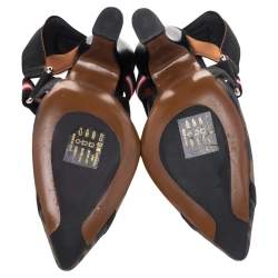 Pre Owned Fendi Brown/Black Zucca Mesh And Leather Colibri Slingback Sandals Size 39
