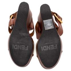 Pre Owned Fendi Brown/White Leather Platform Ankle Strap Wedge Sandals Size 37.5