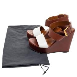 Pre Owned Fendi Brown/White Leather Platform Ankle Strap Wedge Sandals Size 37.5