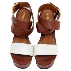 Pre Owned Fendi Brown/White Leather Platform Ankle Strap Wedge Sandals Size 37.5