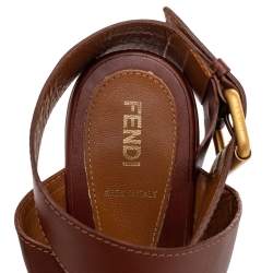 Pre Owned Fendi Brown/White Leather Platform Ankle Strap Wedge Sandals Size 37.5