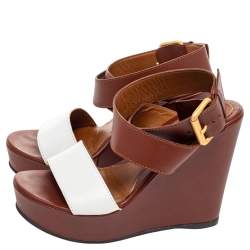 Pre Owned Fendi Brown/White Leather Platform Ankle Strap Wedge Sandals Size 37.5