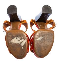 Pre Owned صندل فندي ساتان برتقالي وجلد نقشة السحلية وجلد سير كاحل مقاس 38.5