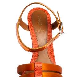 Pre Owned صندل فندي ساتان برتقالي وجلد نقشة السحلية وجلد سير كاحل مقاس 38.5