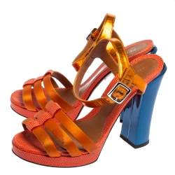 Pre Owned صندل فندي ساتان برتقالي وجلد نقشة السحلية وجلد سير كاحل مقاس 38.5