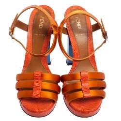 Pre Owned صندل فندي ساتان برتقالي وجلد نقشة السحلية وجلد سير كاحل مقاس 38.5