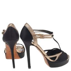 Fendi Black Satin And Leather T Strap Sandals Size 36.5
