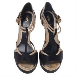 Fendi Black Satin And Leather T Strap Sandals Size 36.5