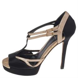 Fendi Black Satin And Leather T Strap Sandals Size 36.5