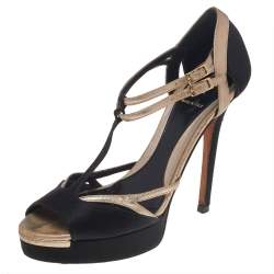 Fendi Black Satin And Leather T Strap Sandals Size 36.5