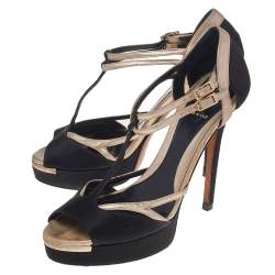 Fendi Black Satin And Leather T Strap Sandals Size 36.5