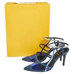 Pre Owned Fendi Blue/Grey Leather, Lizard Embossed Leather And PVC Ankle Strap Sandals Size 38.5