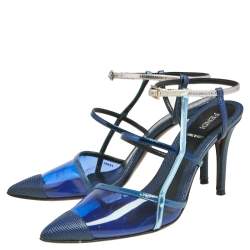 Pre Owned Fendi Blue/Grey Leather, Lizard Embossed Leather And PVC Ankle Strap Sandals Size 38.5