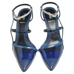 Pre Owned Fendi Blue/Grey Leather, Lizard Embossed Leather And PVC Ankle Strap Sandals Size 38.5