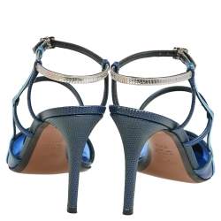 Pre Owned Fendi Blue/Grey Leather, Lizard Embossed Leather And PVC Ankle Strap Sandals Size 38.5