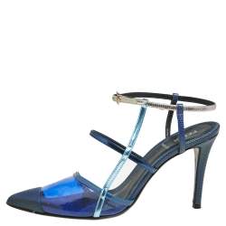 Pre Owned Fendi Blue/Grey Leather, Lizard Embossed Leather And PVC Ankle Strap Sandals Size 38.5