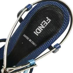 Pre Owned Fendi Blue/Grey Leather, Lizard Embossed Leather And PVC Ankle Strap Sandals Size 38.5