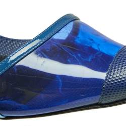 Pre Owned Fendi Blue/Grey Leather, Lizard Embossed Leather And PVC Ankle Strap Sandals Size 38.5