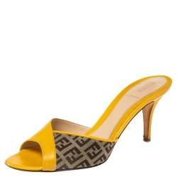 Fendi Yellow/Brown Leather and Zucca Canvas Slide Sandals Size 38