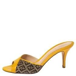 Fendi Yellow/Brown Leather and Zucca Canvas Slide Sandals Size 38