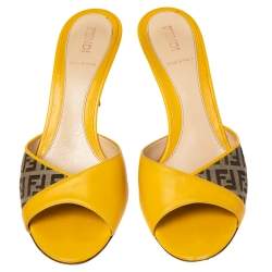 Fendi Yellow/Brown Leather and Zucca Canvas Slide Sandals Size 38