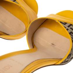 Fendi Yellow/Brown Leather and Zucca Canvas Slide Sandals Size 38