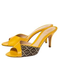 Fendi Yellow/Brown Leather and Zucca Canvas Slide Sandals Size 38