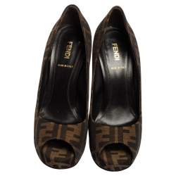 Pre Owned Fendi Tobacco Zucca Canvas Peep Toe Pumps Size 37