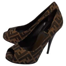 Pre Owned Fendi Tobacco Zucca Canvas Peep Toe Pumps Size 37