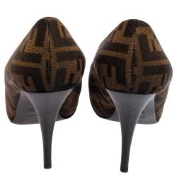 Pre Owned Fendi Tobacco Zucca Canvas Peep Toe Pumps Size 37