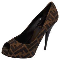 Pre Owned Fendi Tobacco Zucca Canvas Peep Toe Pumps Size 37