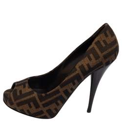 Pre Owned Fendi Tobacco Zucca Canvas Peep Toe Pumps Size 37