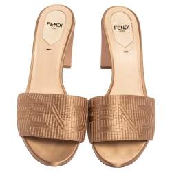Pre Owned Fendi Beige Satin Logo Embroidered Slide Sandals Size 38.5