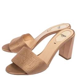 Pre Owned Fendi Beige Satin Logo Embroidered Slide Sandals Size 38.5