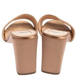 Pre Owned Fendi Beige Satin Logo Embroidered Slide Sandals Size 38.5