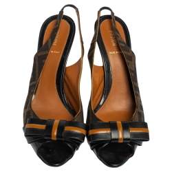 Pre Owned Fendi Black/Brown Zucca Canvas And  Leather Bow Slingback Sandals Size 39
