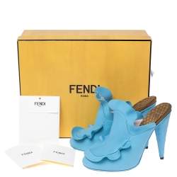 Pre Owned Fendi Blue Leather Stocking Heel Mule Sandals Size 37