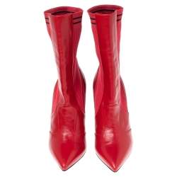 Pre Owned Fendi Red Leather and Knit Fabric Rockoko Ankle Length Boots Size 37