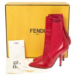 Pre Owned Fendi Red Leather and Knit Fabric Rockoko Ankle Length Boots Size 37
