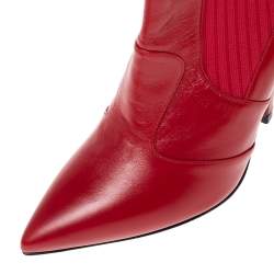 Pre Owned Fendi Red Leather and Knit Fabric Rockoko Ankle Length Boots Size 37