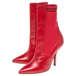 Pre Owned Fendi Red Leather and Knit Fabric Rockoko Ankle Length Boots Size 37